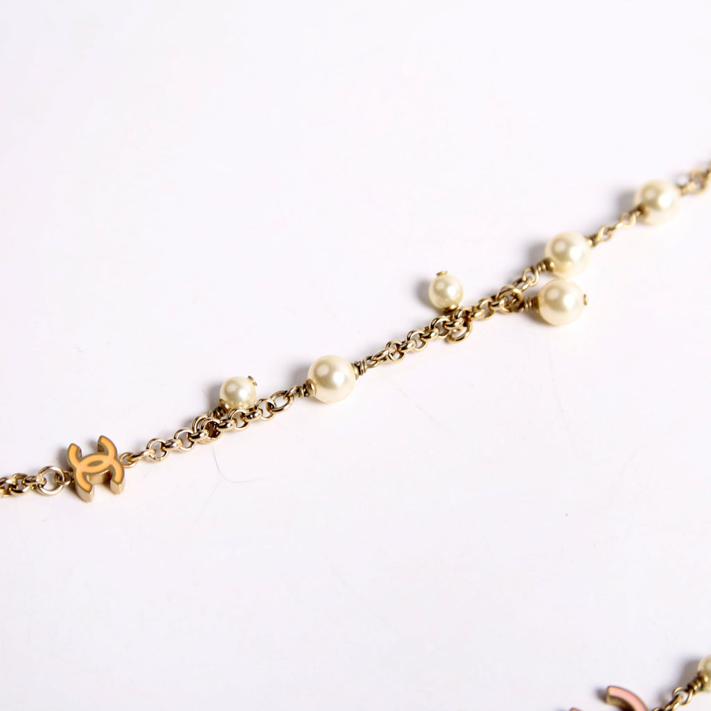 Enamel CC Pearl Long Necklace Pearl/Gold