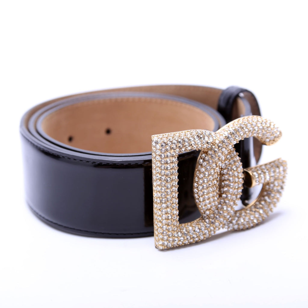 Crystal Logo Buckle Patent Belt Size 90/36 Black