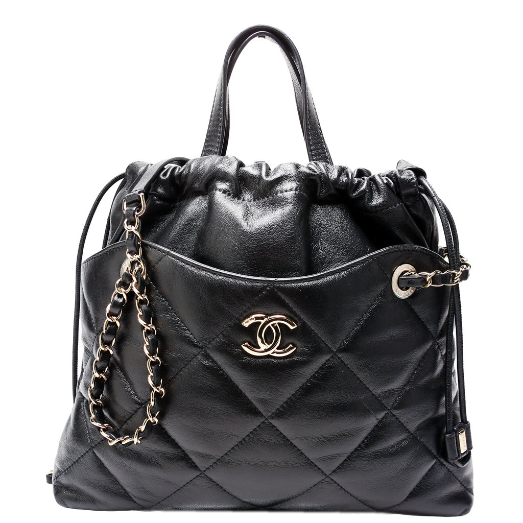 Drawstring Shopping Bag Small Lambskin 28M Black