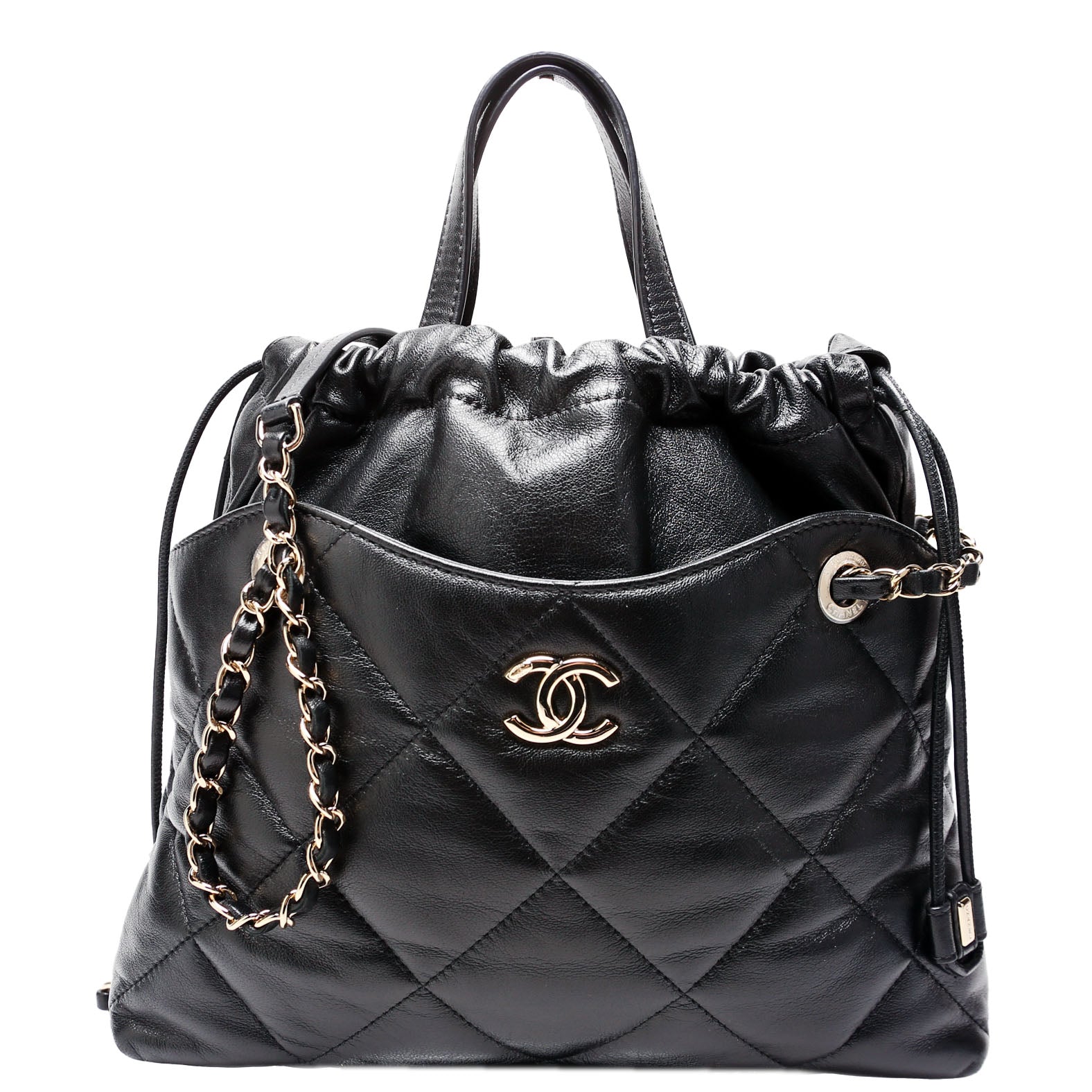 Drawstring Shopping Bag Small Lambskin 28M Black