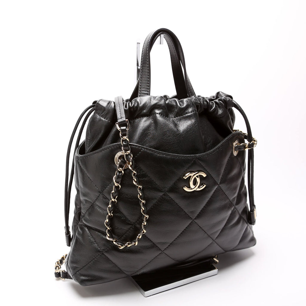 Drawstring Shopping Bag Small Lambskin 28M Black