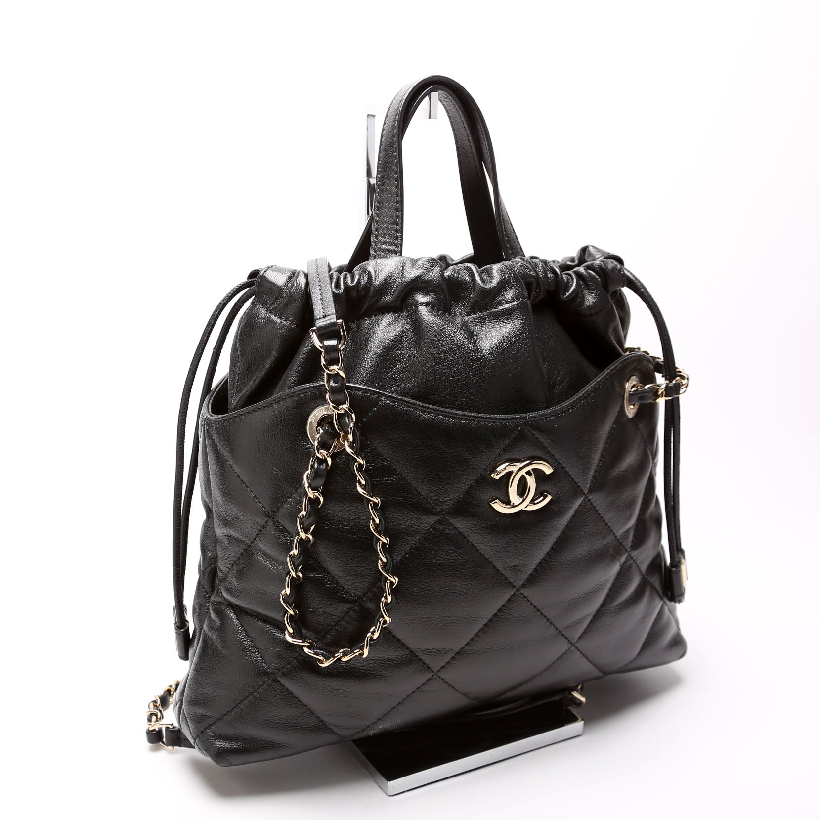 Drawstring Shopping Bag Small Lambskin 28M Black