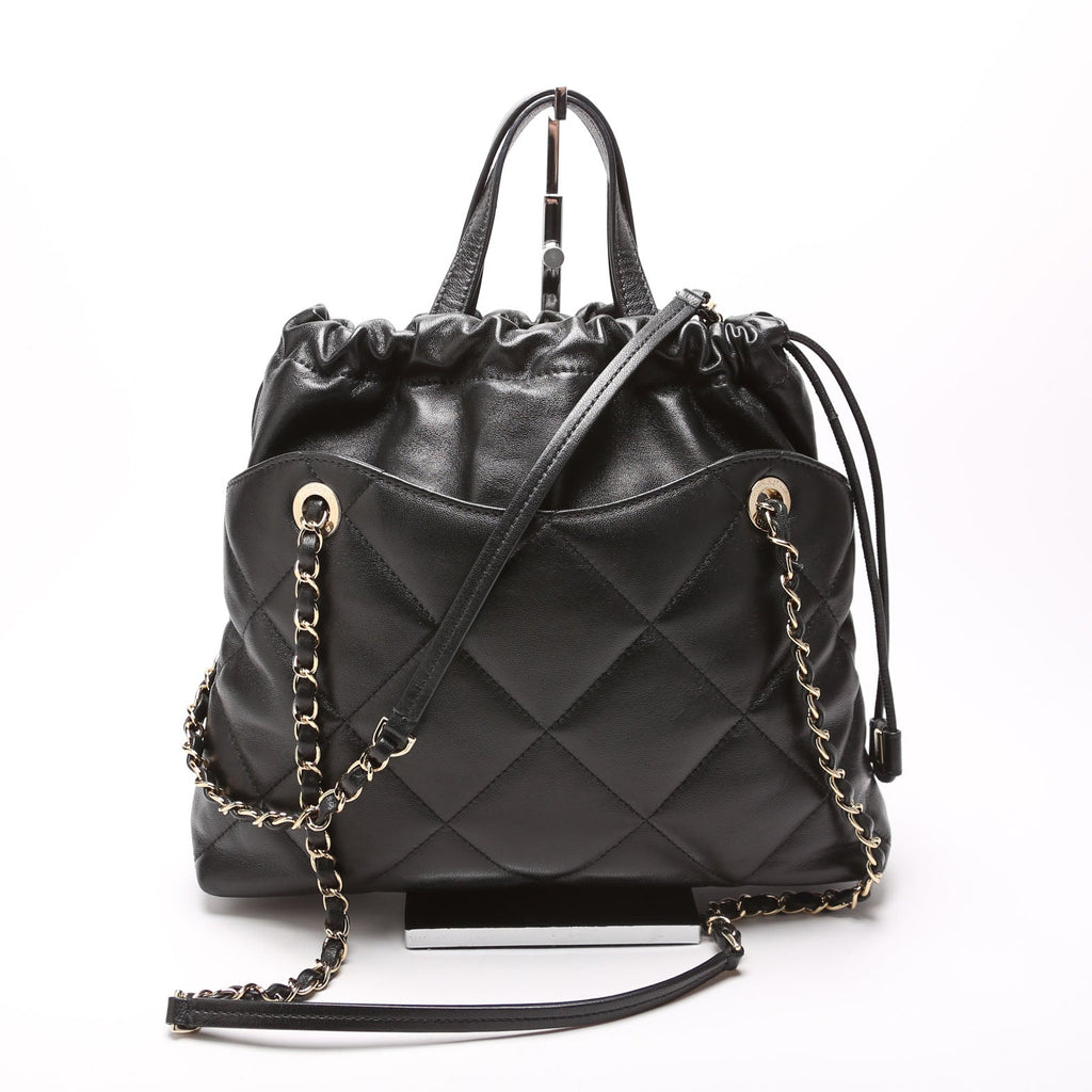 Drawstring Shopping Bag Small Lambskin 28M Black