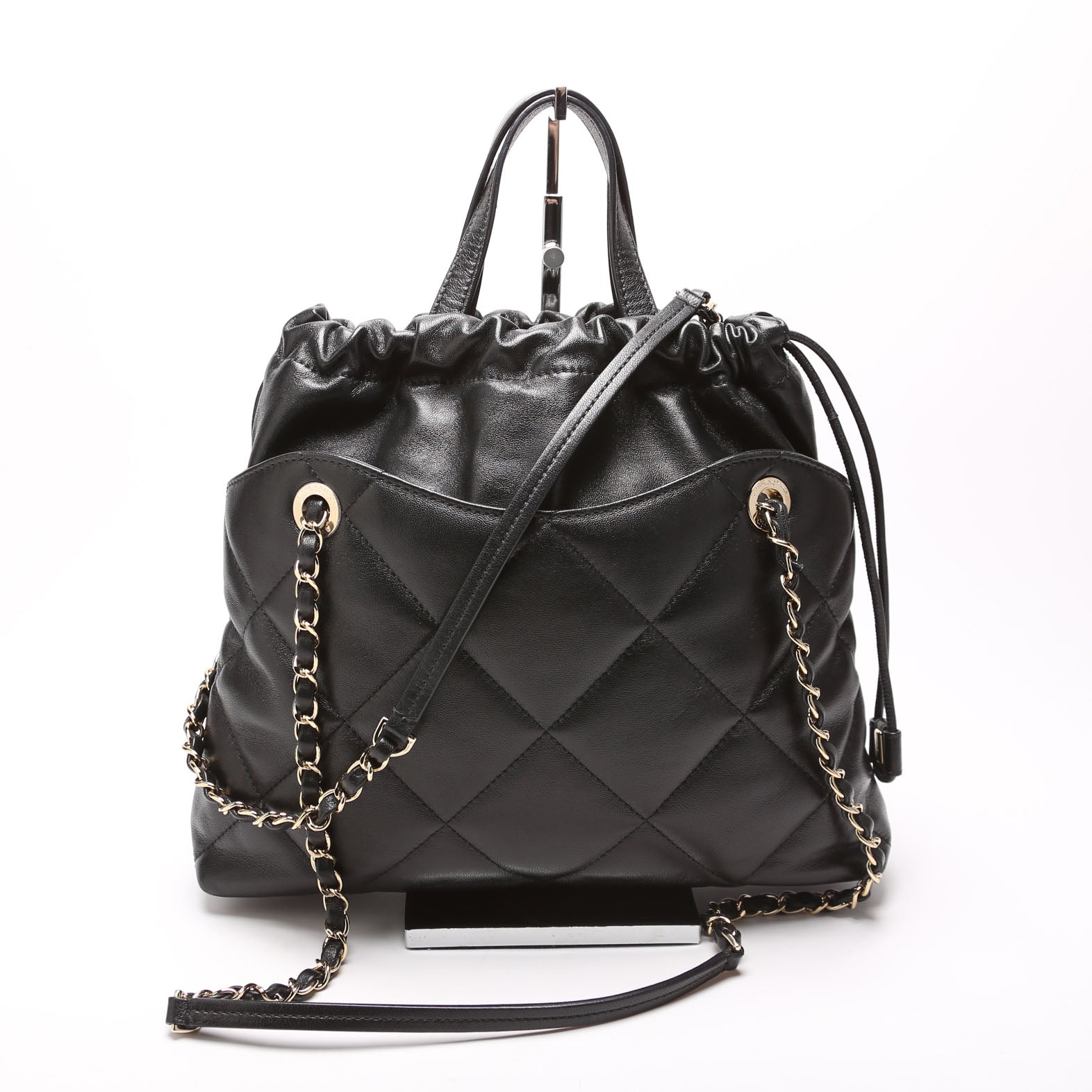 Drawstring Shopping Bag Small Lambskin 28M Black