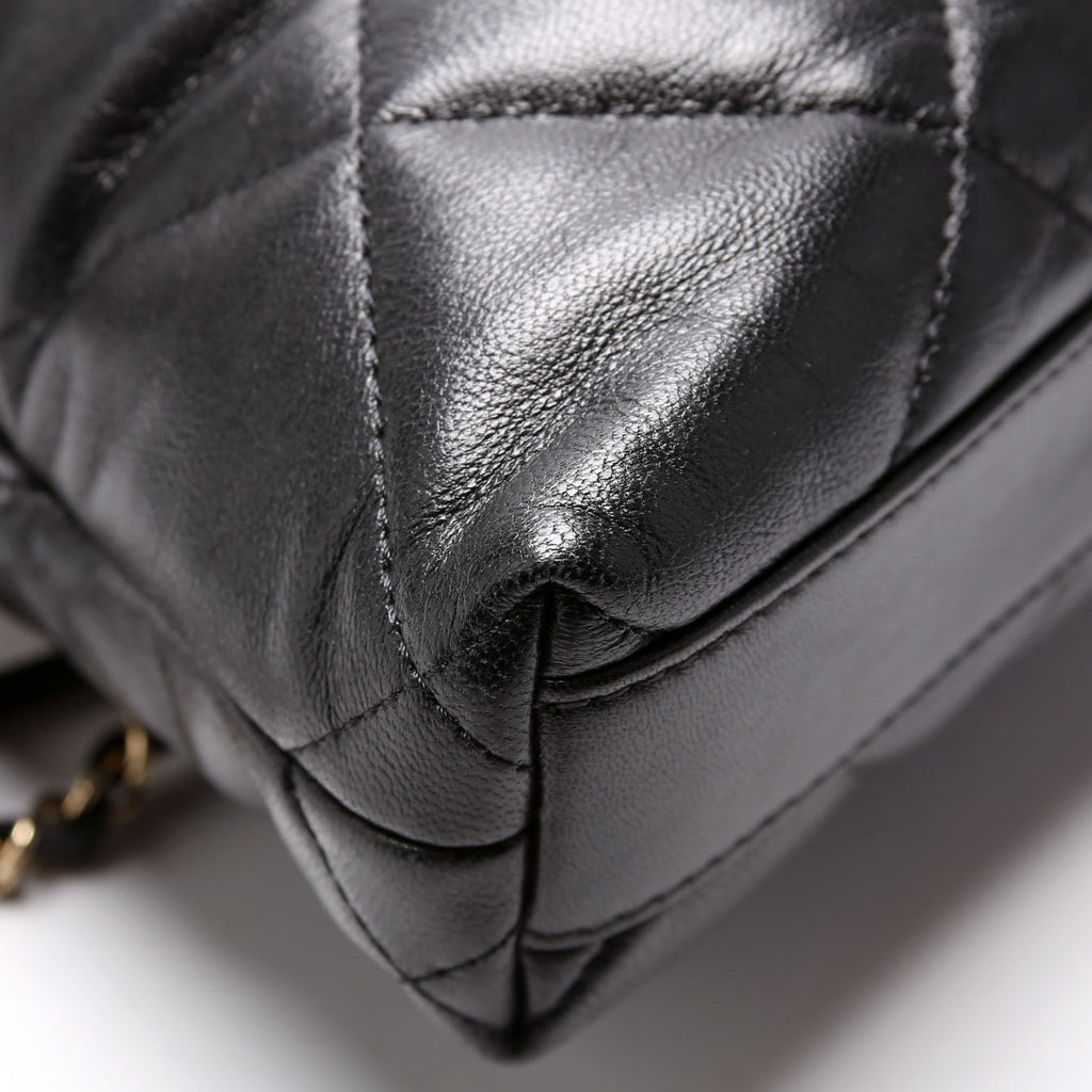 Drawstring Shopping Bag Small Lambskin 28M Black