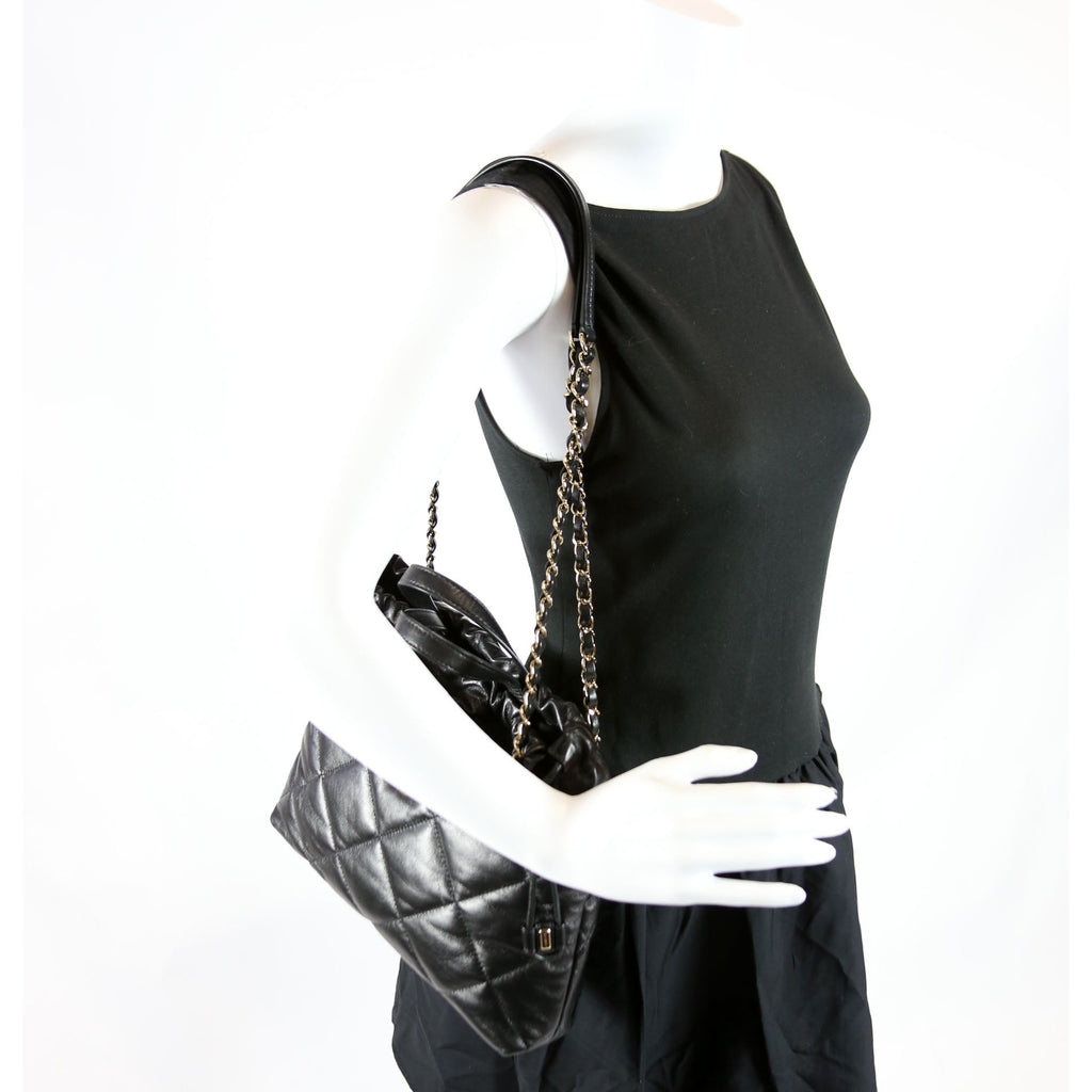 Drawstring Shopping Bag Small Lambskin 28M Black