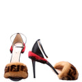 FF Mink Fur Ankle Strap Sandals Size 40 Black/Red