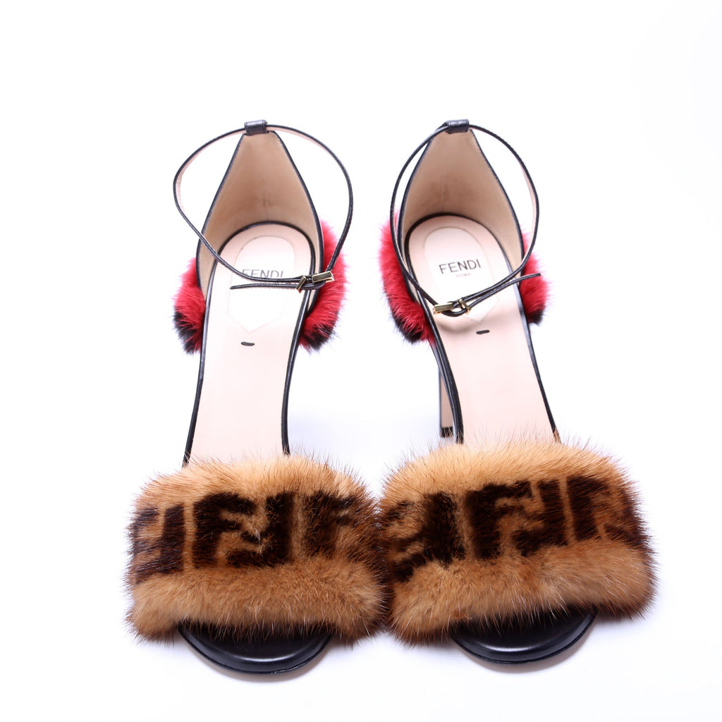 FF Mink Fur Ankle Strap Sandals Size 40 Black/Red