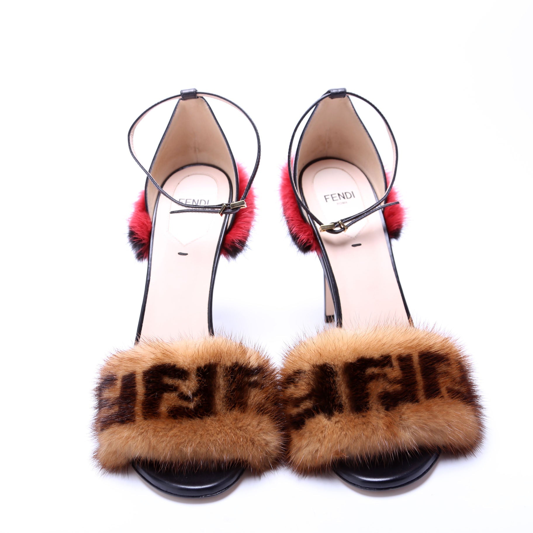 FF Mink Fur Ankle Strap Sandals Size 40 Black/Red