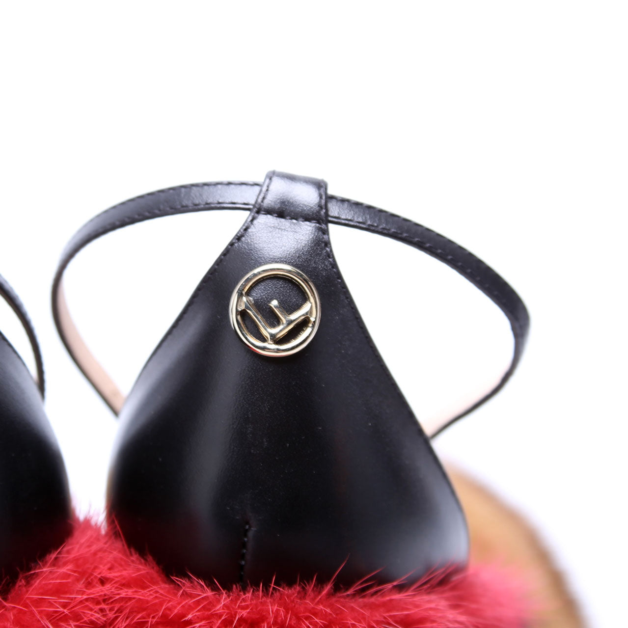 FF Mink Fur Ankle Strap Sandals Size 40 Black/Red