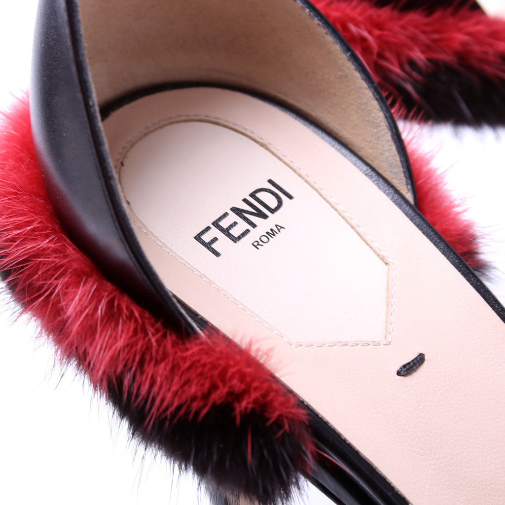 FF Mink Fur Ankle Strap Sandals Size 40 Black/Red