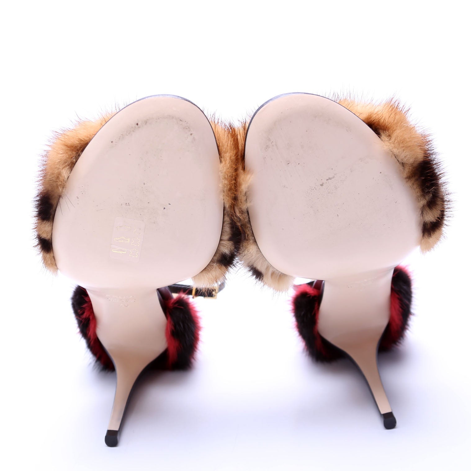 FF Mink Fur Ankle Strap Sandals Size 40 Black/Red