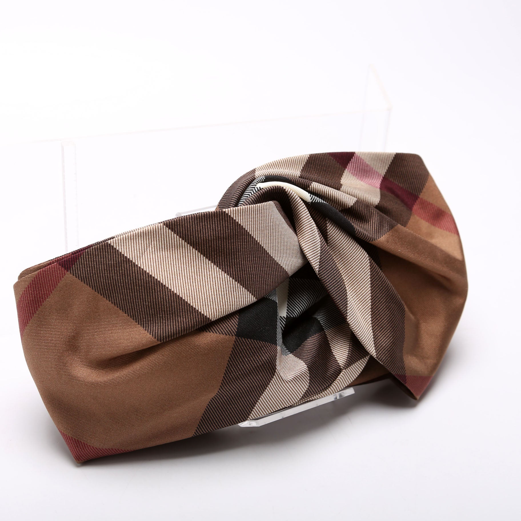 Check Band Silk Headband Brown
