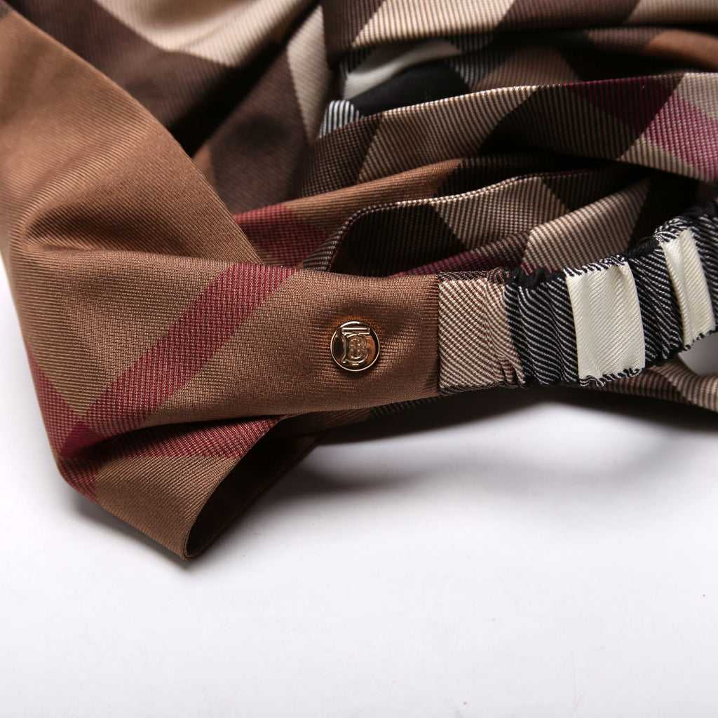 Check Band Silk Headband Brown