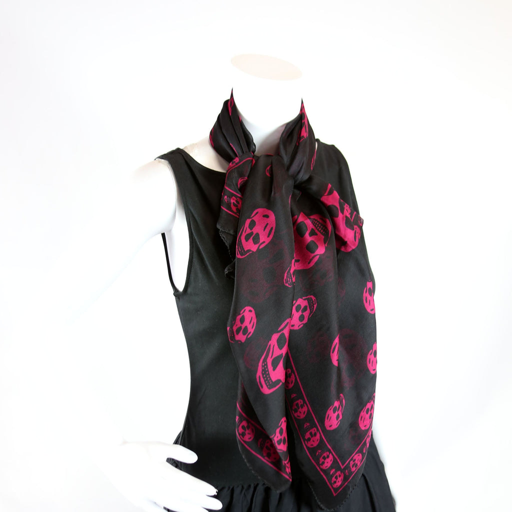 Skull Print Square Silk Scarf Black/Pink