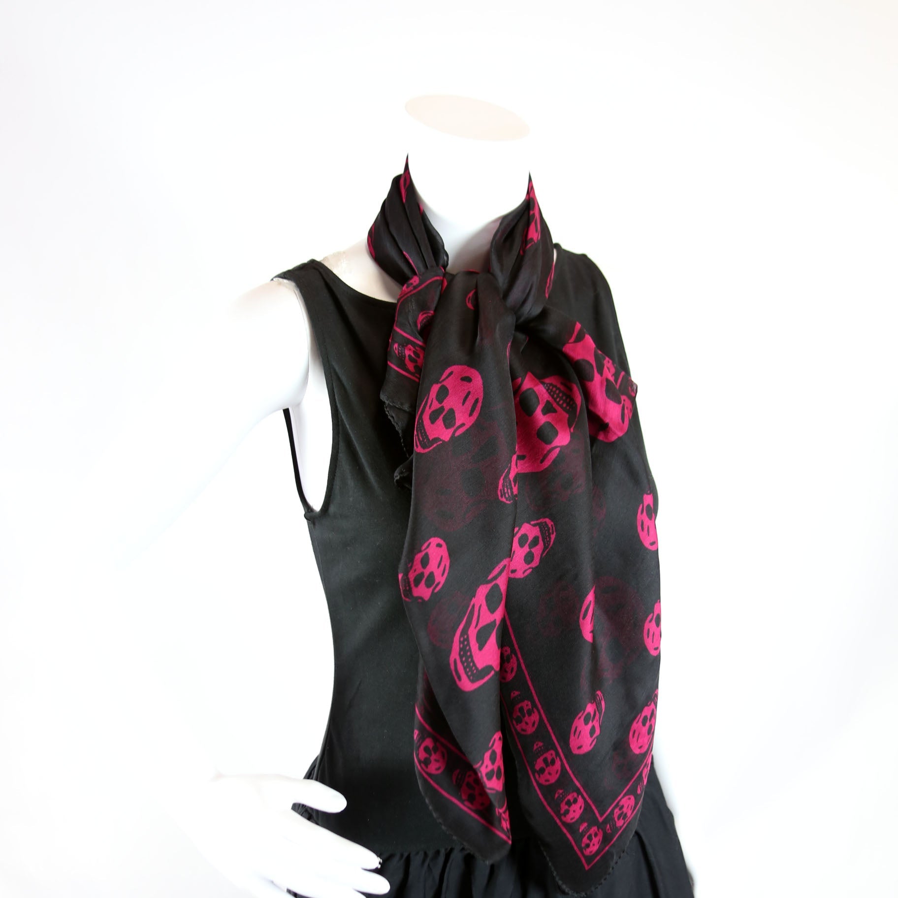 Skull Print Square Silk Scarf Black/Pink