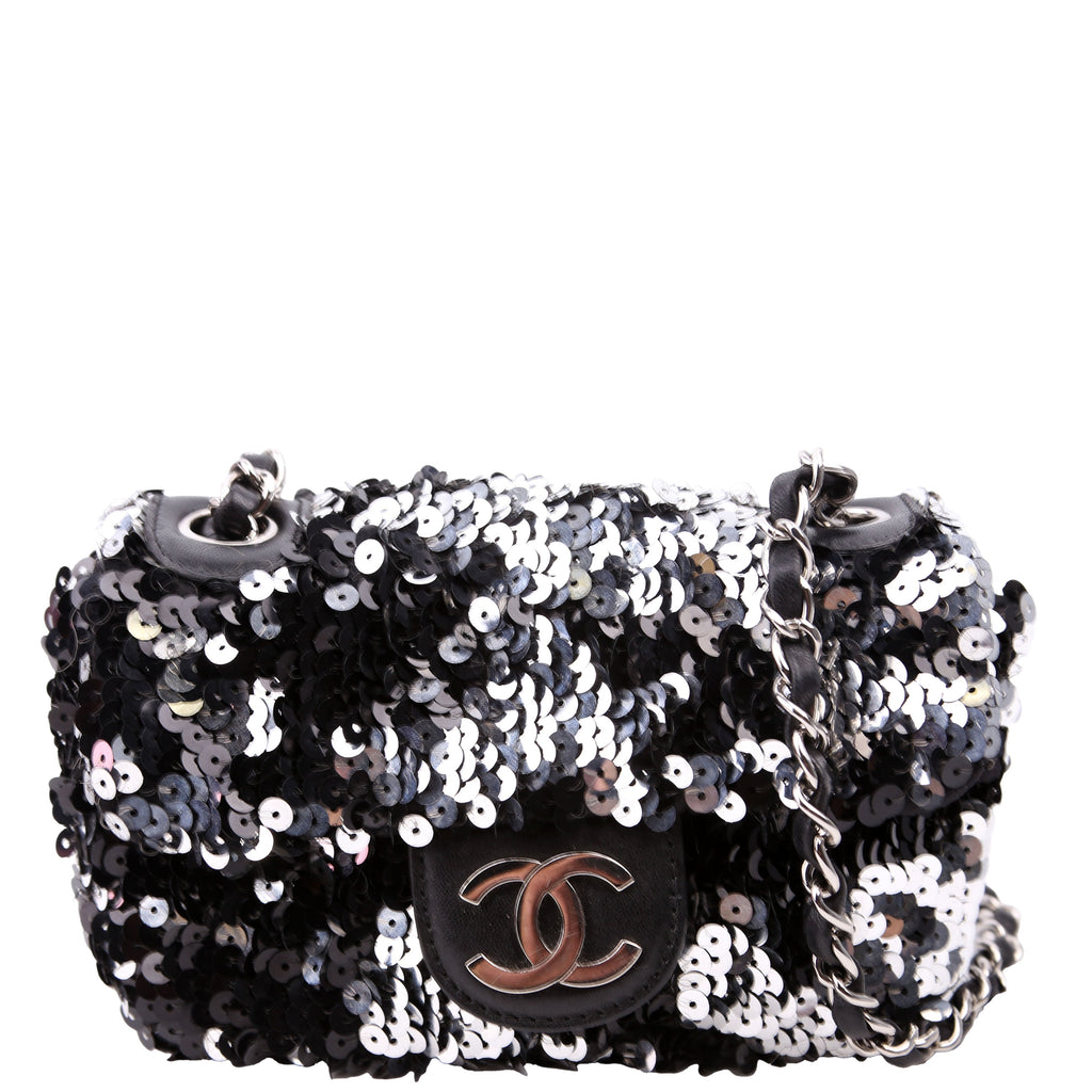 Classic Flap Mini Rectangle Sequin 12M Black/Silver