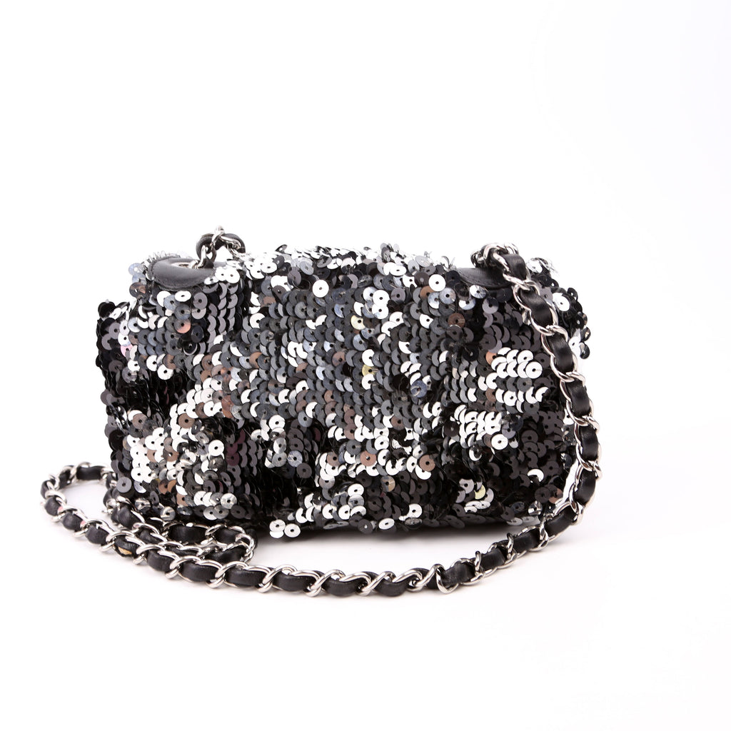 Classic Flap Mini Rectangle Sequin 12M Black/Silver