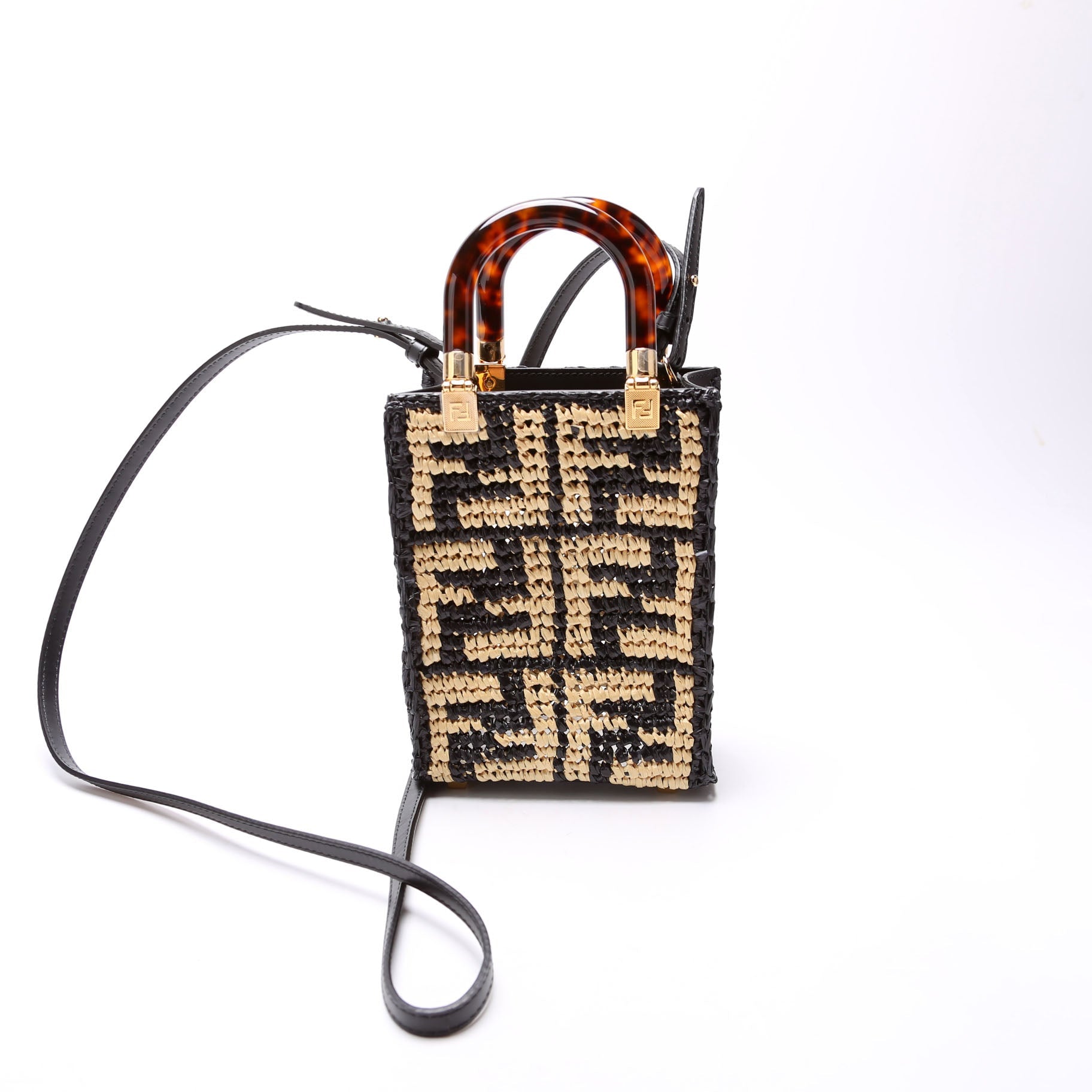 8BS051 Raffia FF Mini Sunshine Shopper Black/Tan
