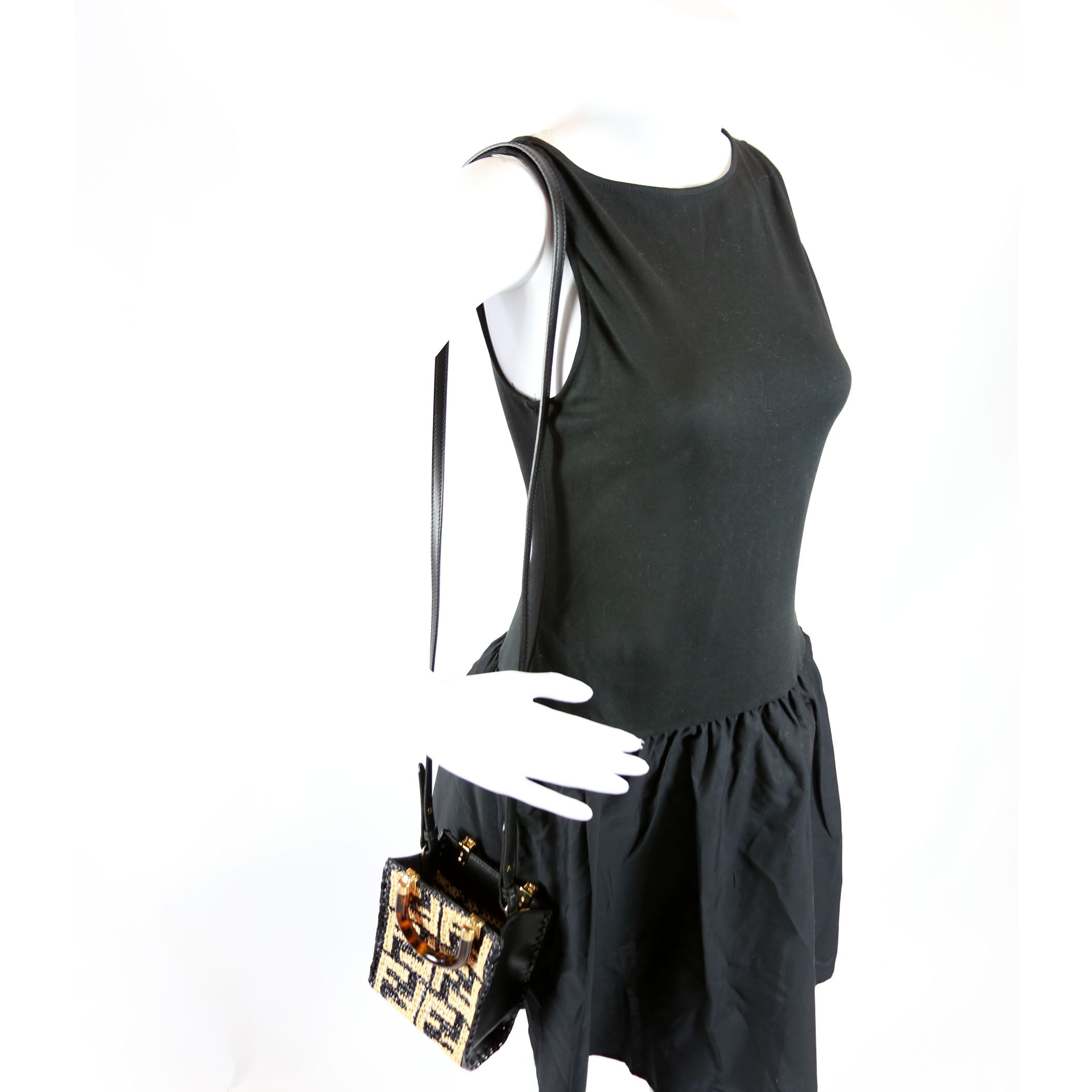 8BS051 Raffia FF Mini Sunshine Shopper Black/Tan