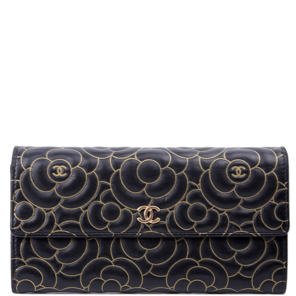 Camellia Embossed Long Wallet 21M Black/Gold