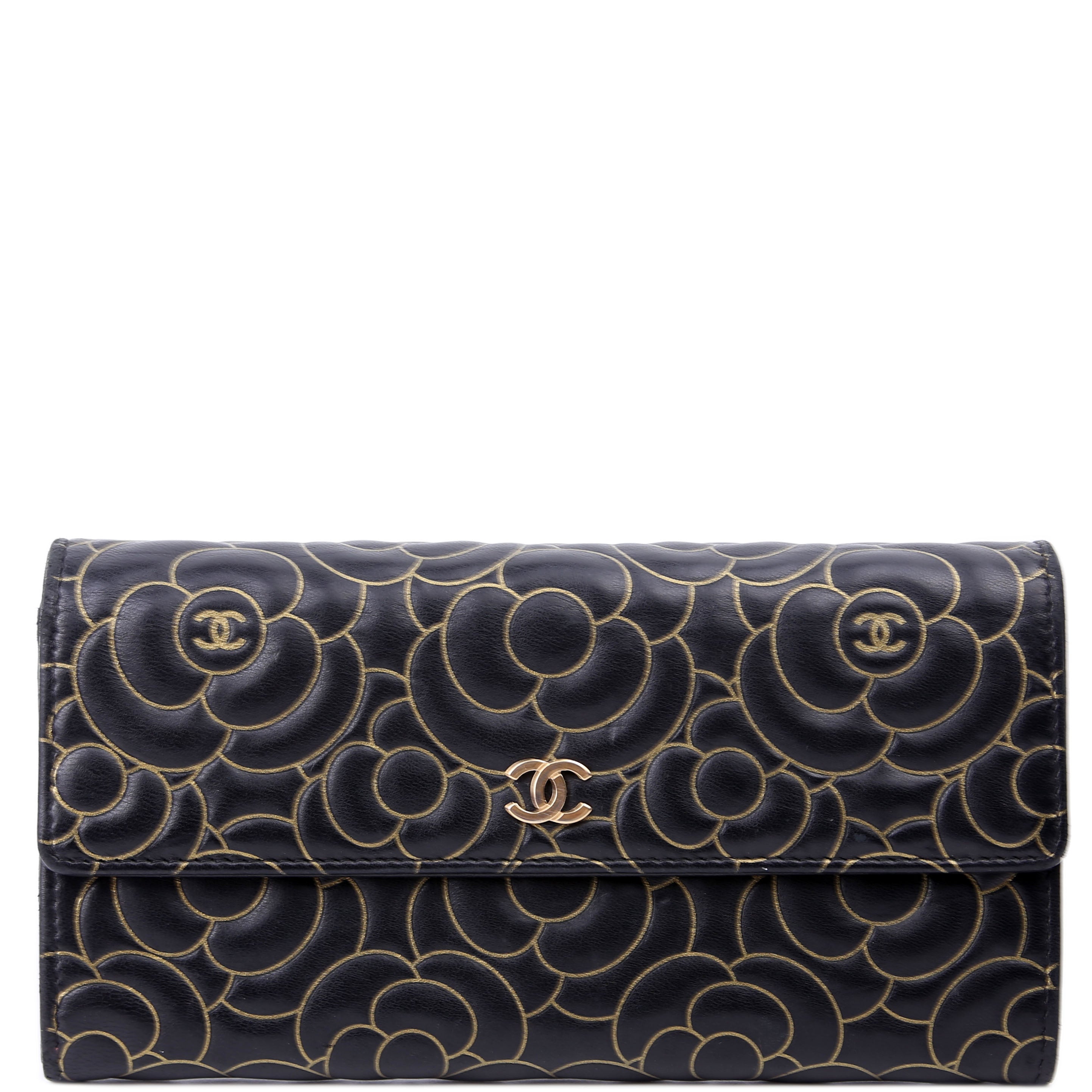Camellia Embossed Long Wallet 21M Black/Gold