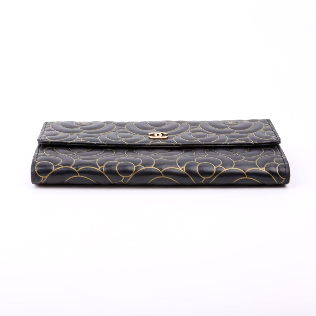 Camellia Embossed Long Wallet 21M Black/Gold