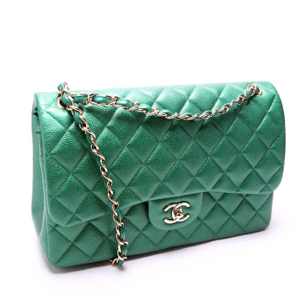 Classic Flap Jumbo Metallic Caviar 25-28M Green