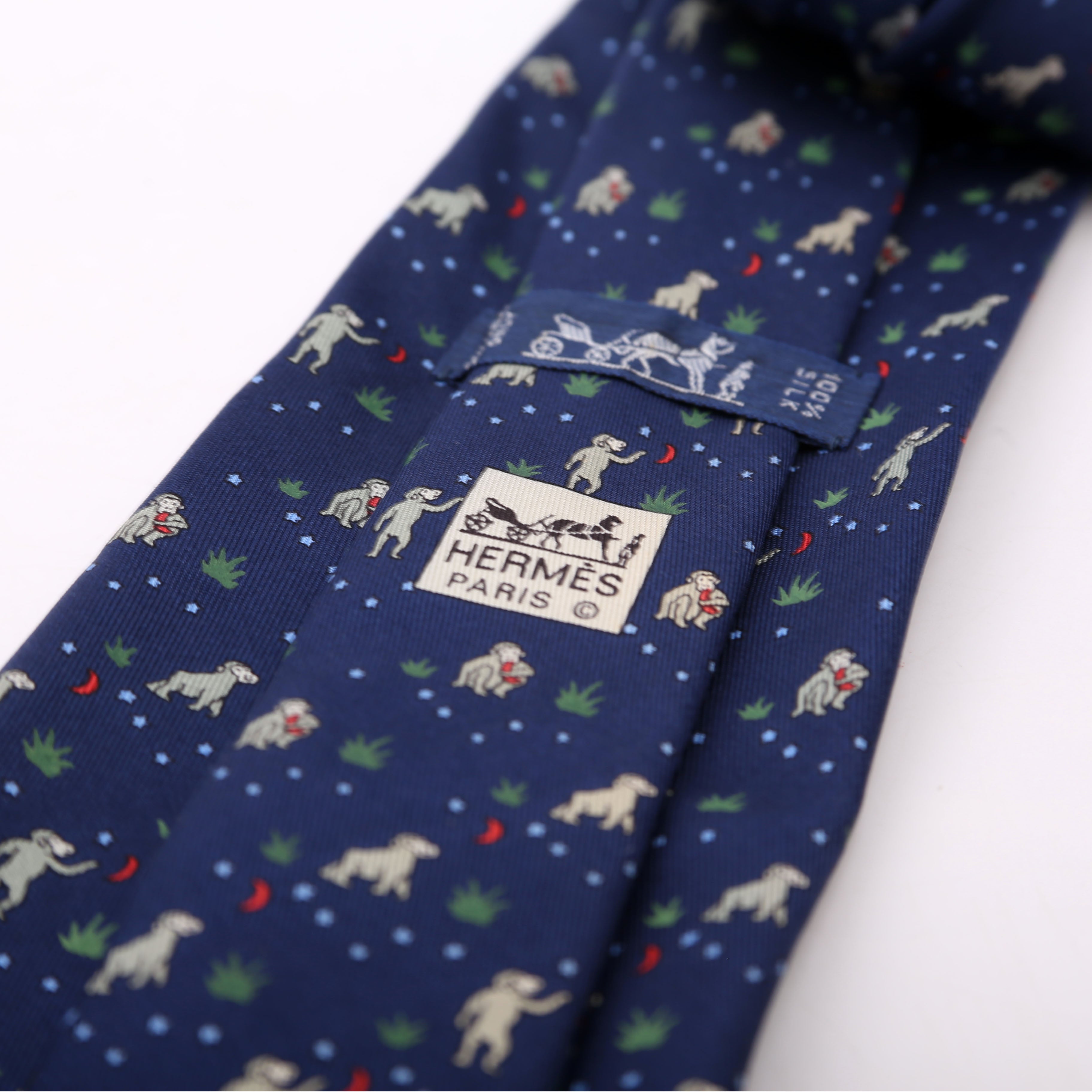 Hermes Printed Silk Tie Navy