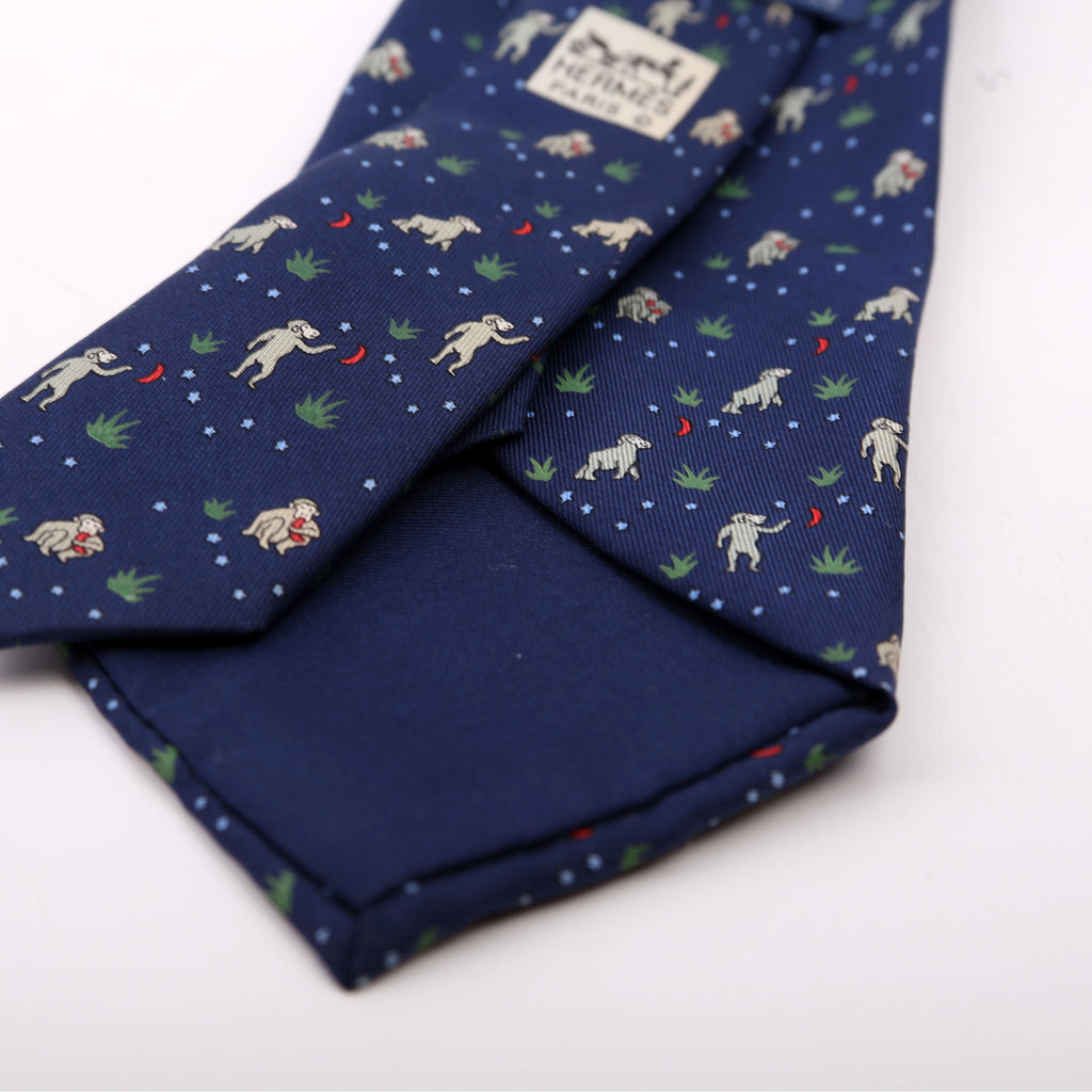 Hermes Printed Silk Tie Navy