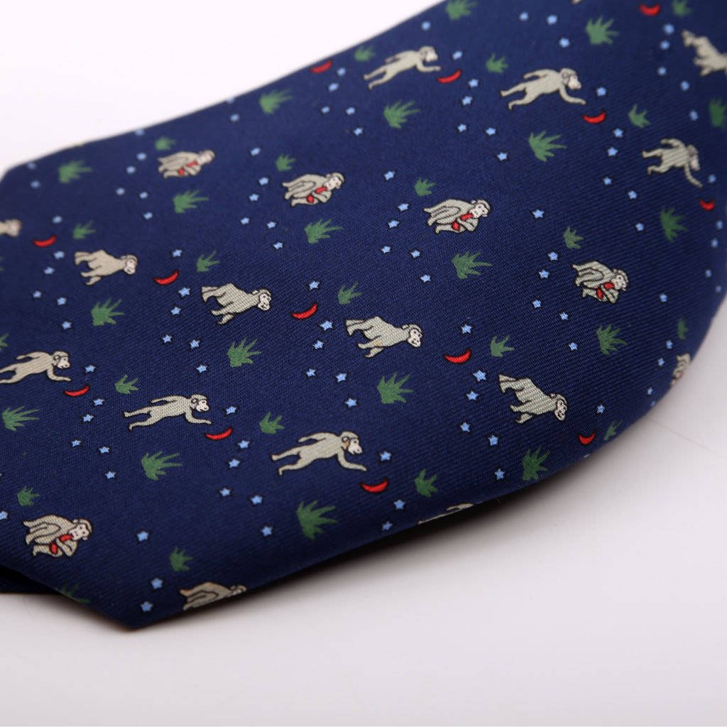 Hermes Printed Silk Tie Navy