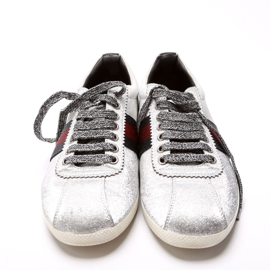 Gucci Ace Web Glitter Sneakers Size 39.5 Silver