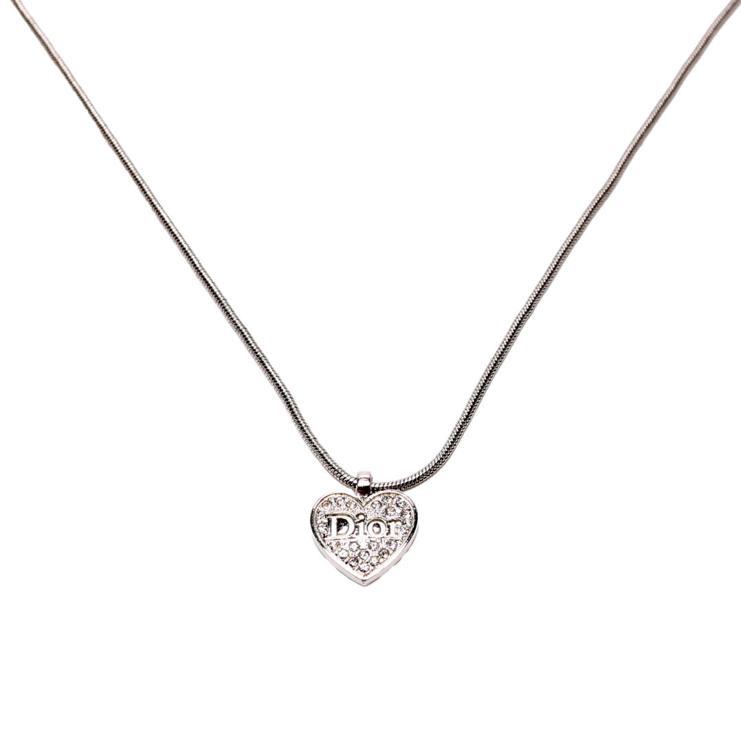 Heart Rhinestone Vintage Necklace Silver