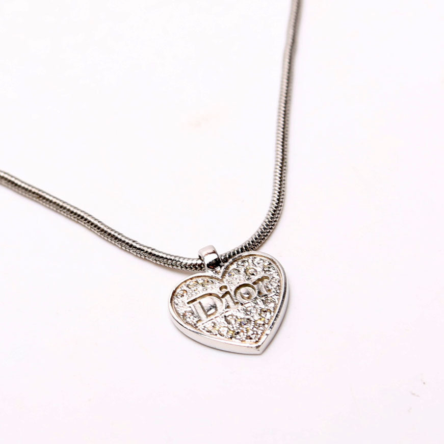 Heart Rhinestone Vintage Necklace Silver