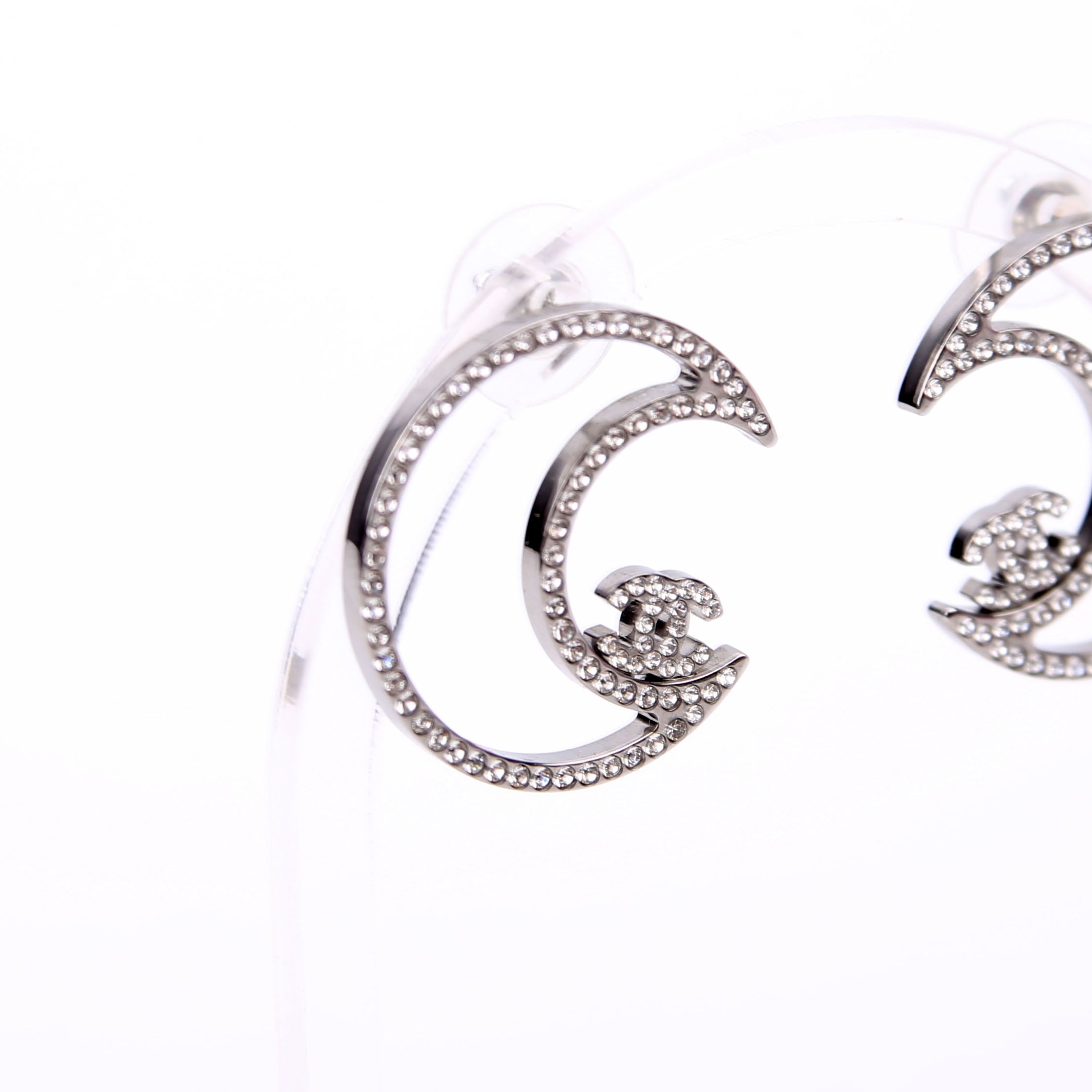 CC Crystal Moon Stud Earrings Silver