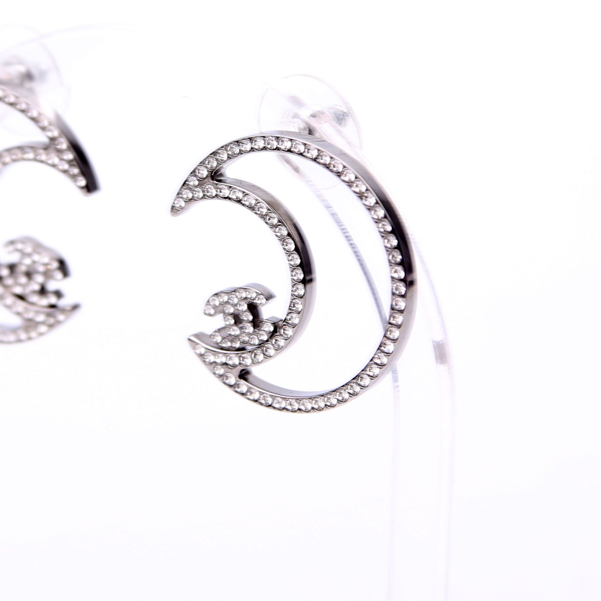CC Crystal Moon Stud Earrings Silver