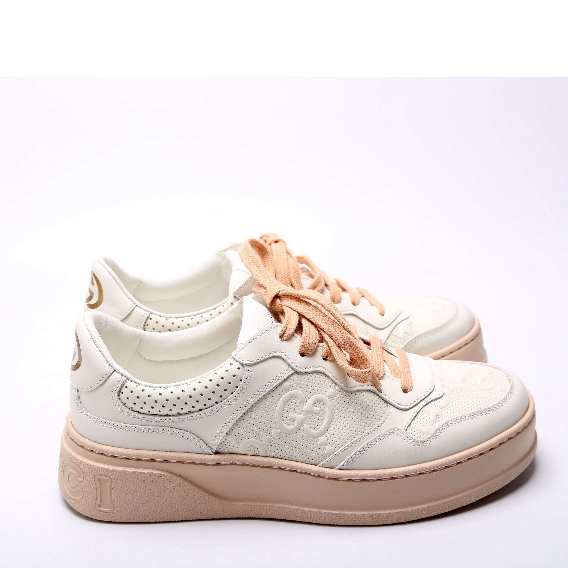 GG Embossed Leather Sneakers Size 38 White/Peach