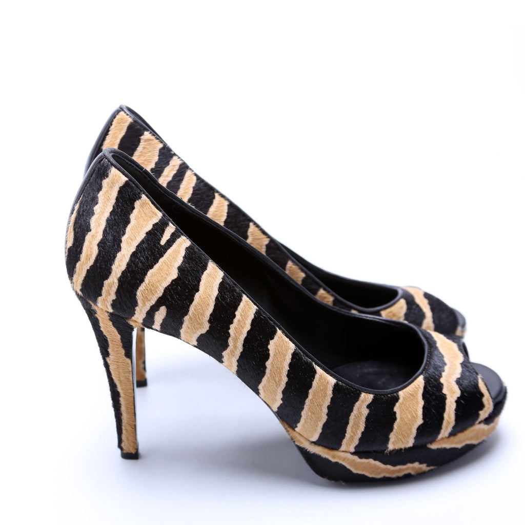 Betty Calfskin Hair Open Toe Pumps Size 37.5 Brown/Black