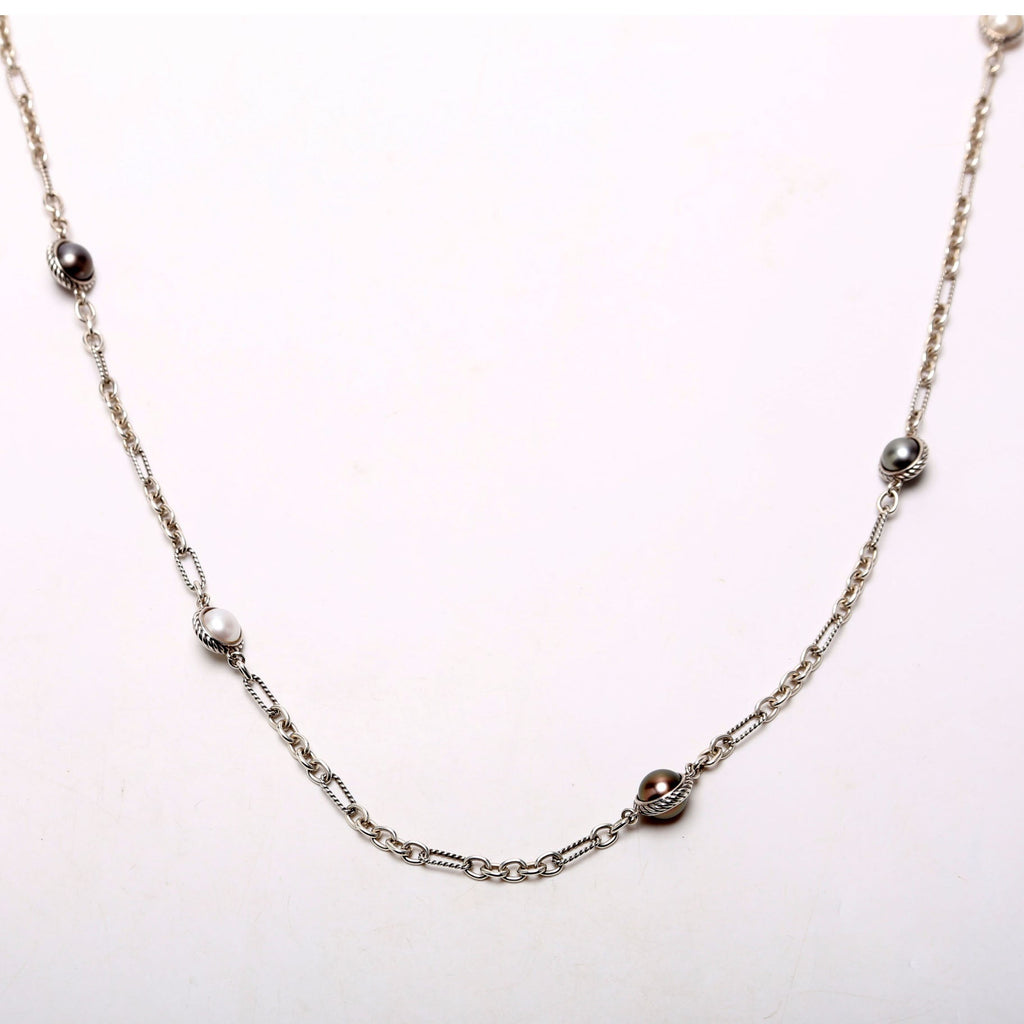 Classic Pearl Station Chain Long Necklace 925 Silver/Pearl