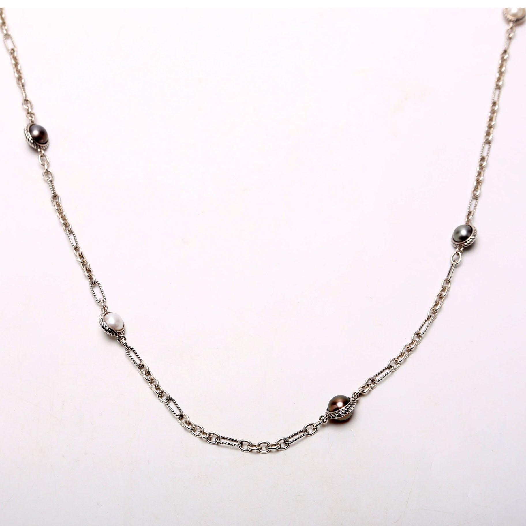 Classic Pearl Station Chain Long Necklace 925 Silver/Pearl