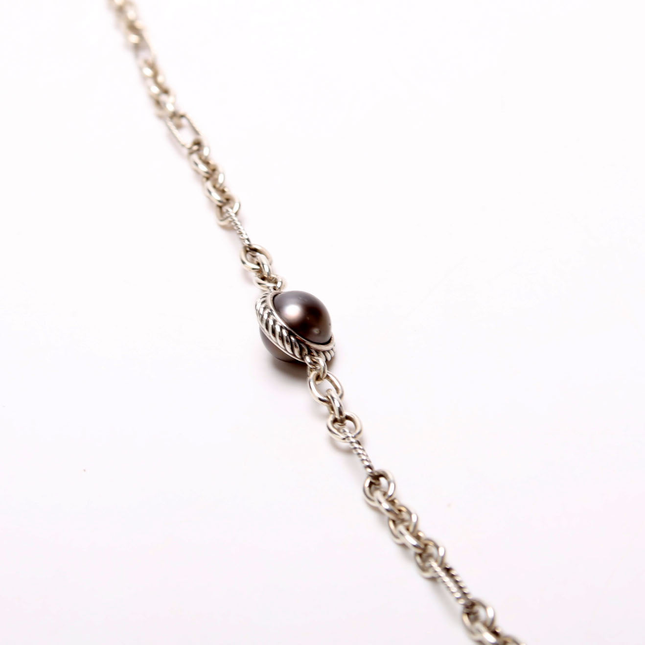 Classic Pearl Station Chain Long Necklace 925 Silver/Pearl