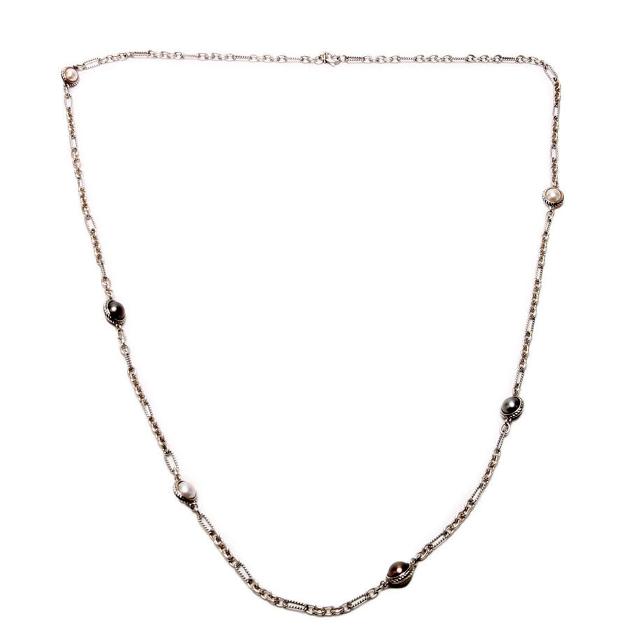 Classic Pearl Station Chain Long Necklace 925 Silver/Pearl