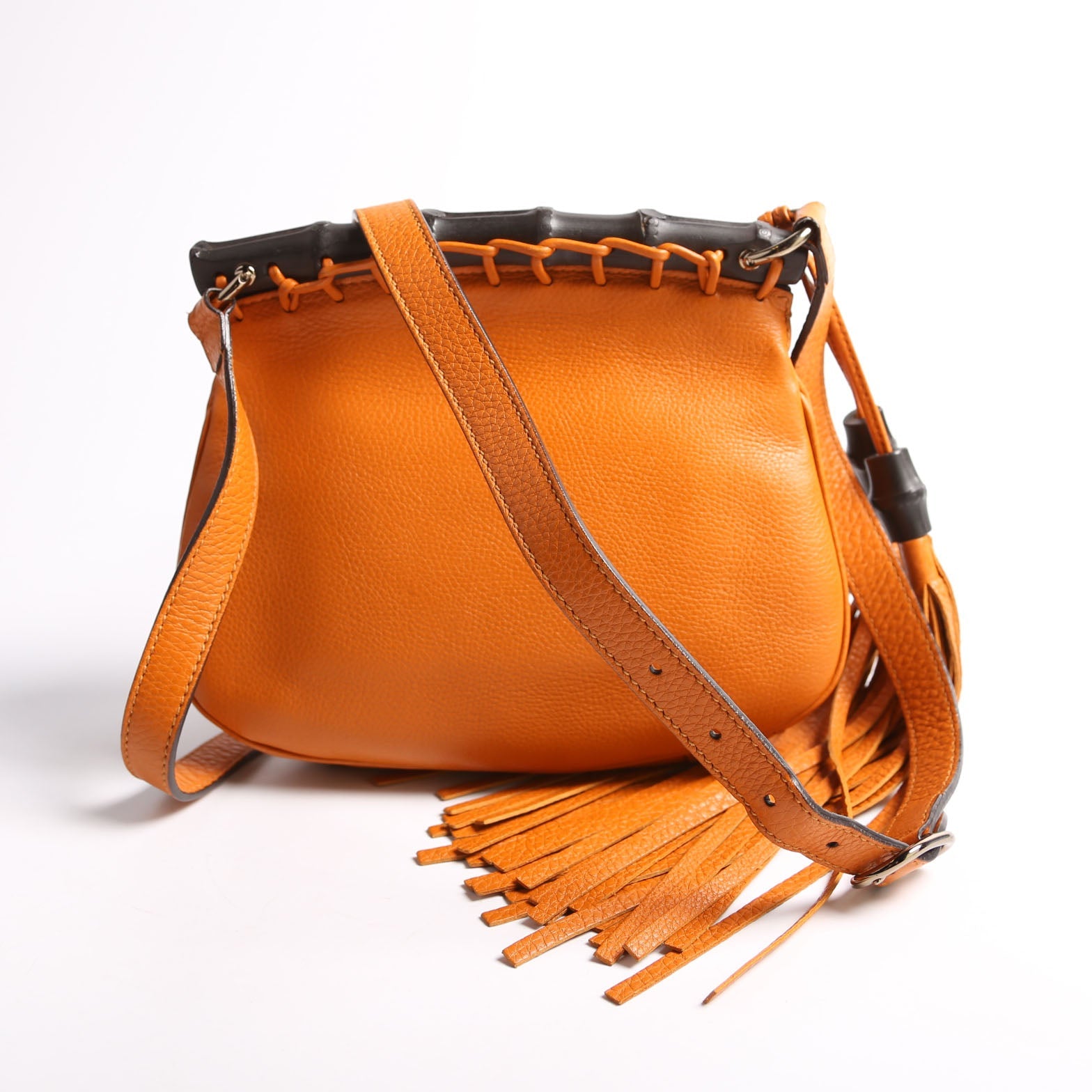 Gucci 347104 Calfskin Bamboo Nouveau Shoulder Bag Small Orange