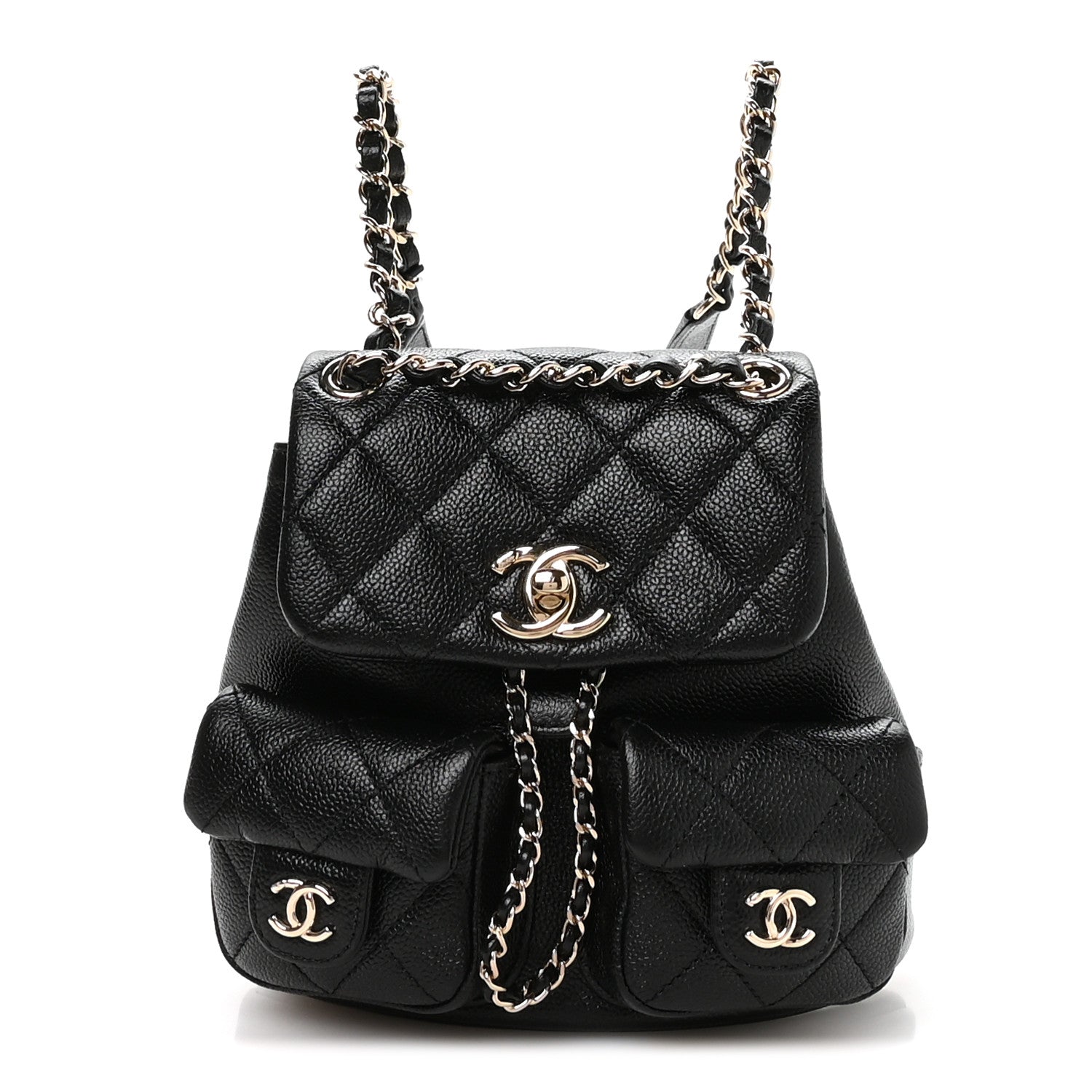 Chanel Shiny Caviar Quilted Small Duma Pockets Drawstring Backpack Black
