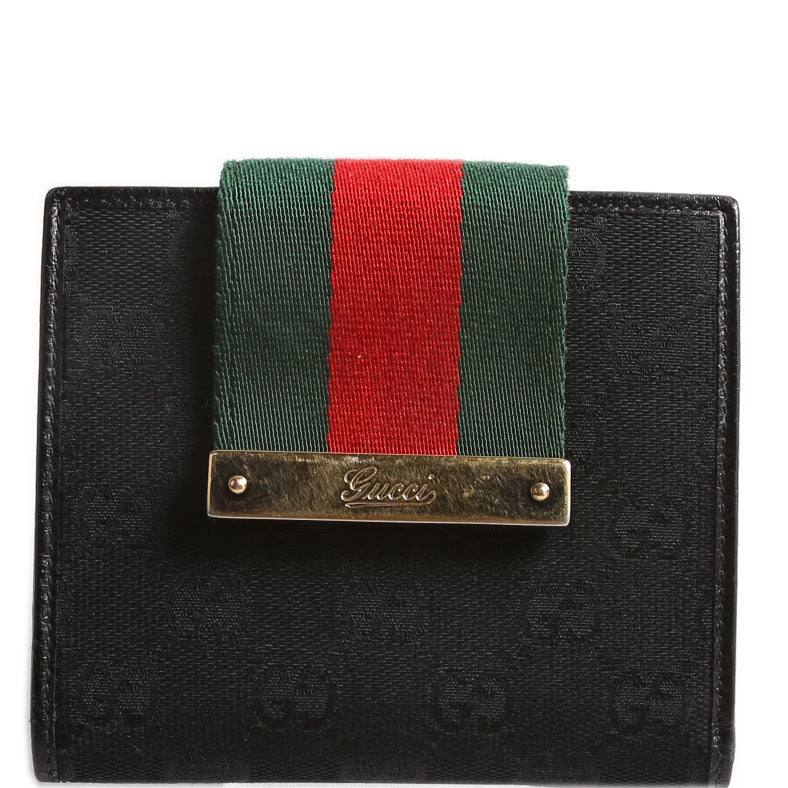 Gucci 181669 GG Canvas Web Compact Wallet Black