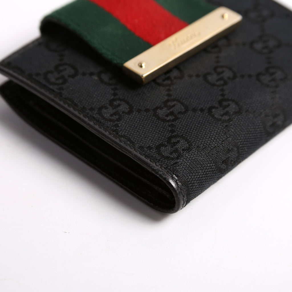 Gucci 181669 GG Canvas Web Compact Wallet Black