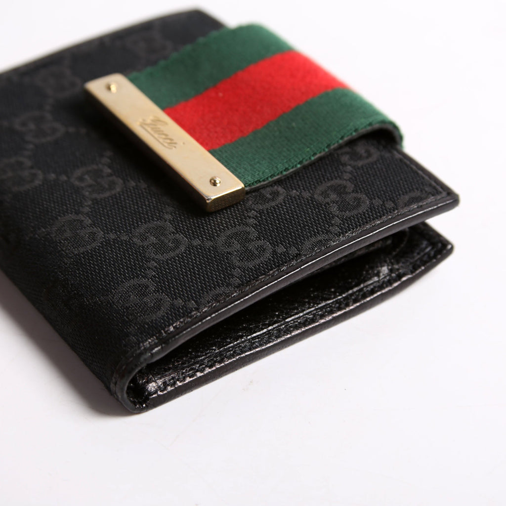 Gucci 181669 GG Canvas Web Compact Wallet Black
