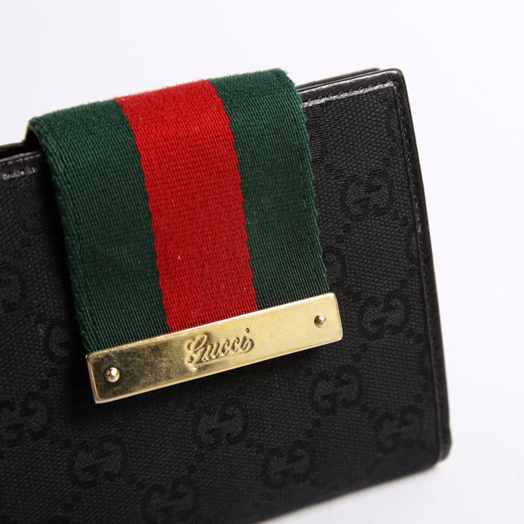 Gucci 181669 GG Canvas Web Compact Wallet Black