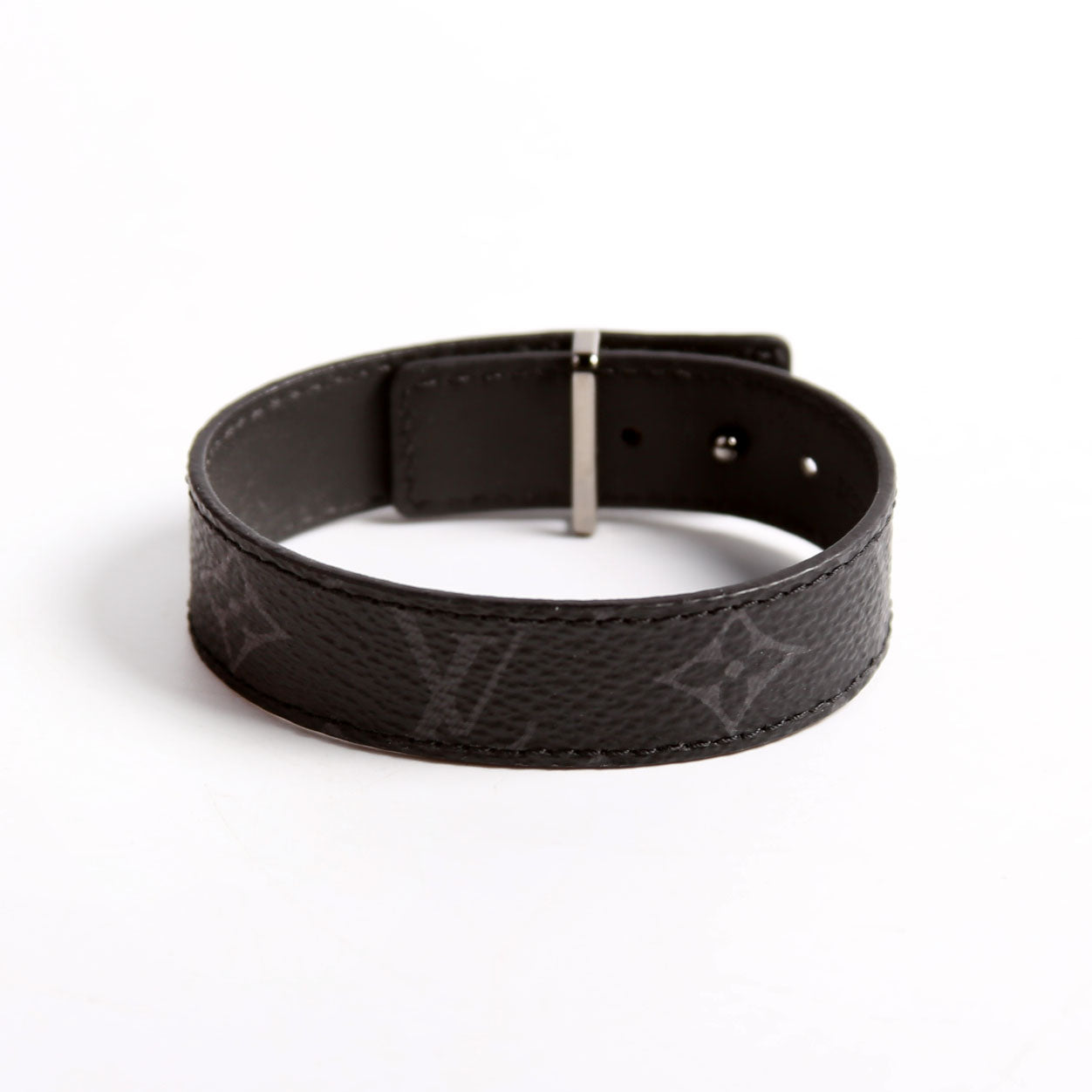 LV Slim Monogram Eclipse Monogram Leather Bracelet Size 19