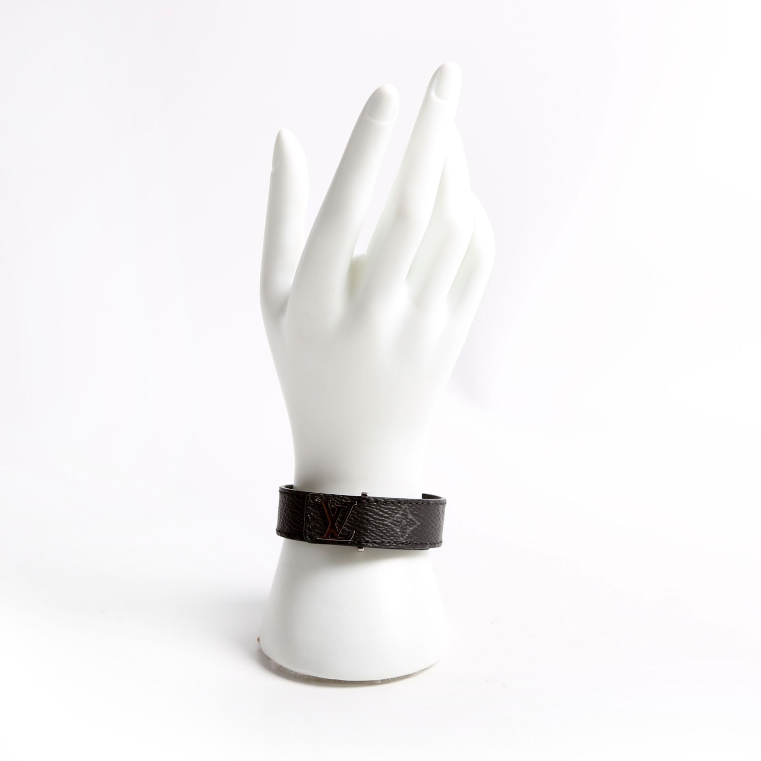 LV Slim Monogram Eclipse Monogram Leather Bracelet Size 19